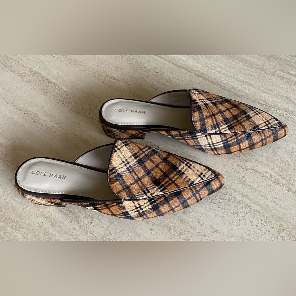 COPY - COLE HAAN Piper Plaid Print Calf Hair Loafer Mules Real Fur | Camel Brow…